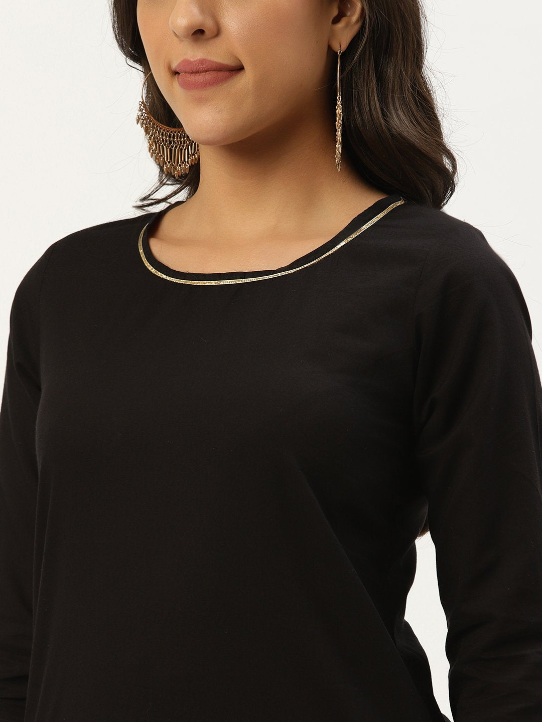 Women's Black Three-Quarter Sleeves Straight Kurta And Trouser Pant Set