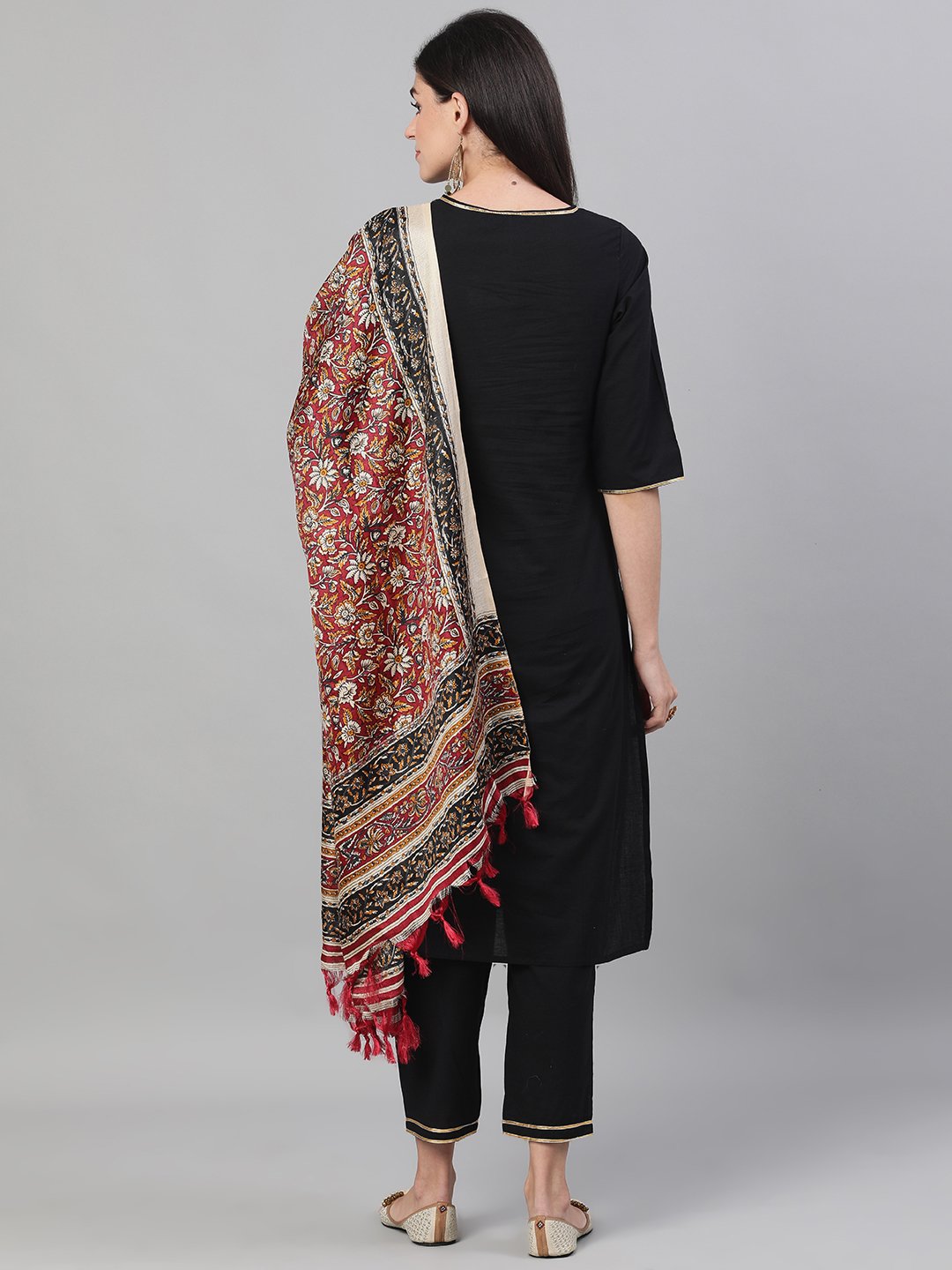 Women's Black Kurta With Plazo & Printed Dupatta