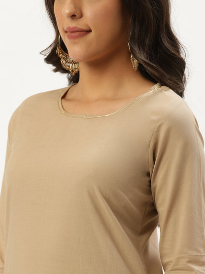 Women's Beige Three-Quarter Sleeves Straight Kurta And Trouser Pant Set