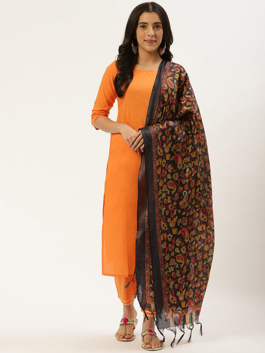 Women's Rust Orange Three-Quarter Sleeves Straight Kurta And Trouser Pant Set