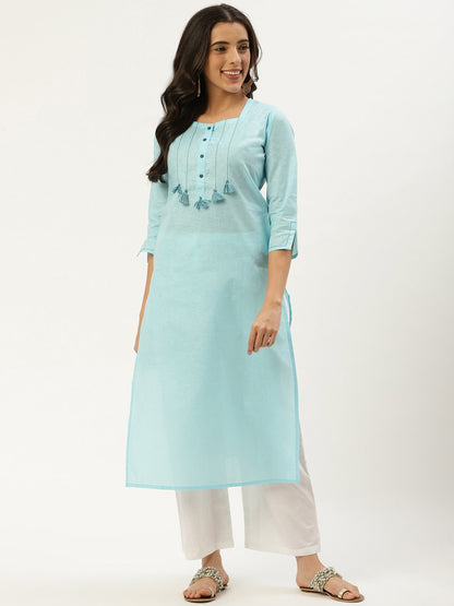 Women's Light Blue Calf Length Three-Quarter Sleeves Straight Solid Cotton Kurta