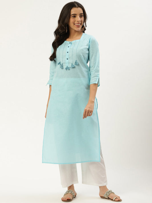Women's Light Blue Calf Length Three-Quarter Sleeves Straight Solid Cotton Kurta