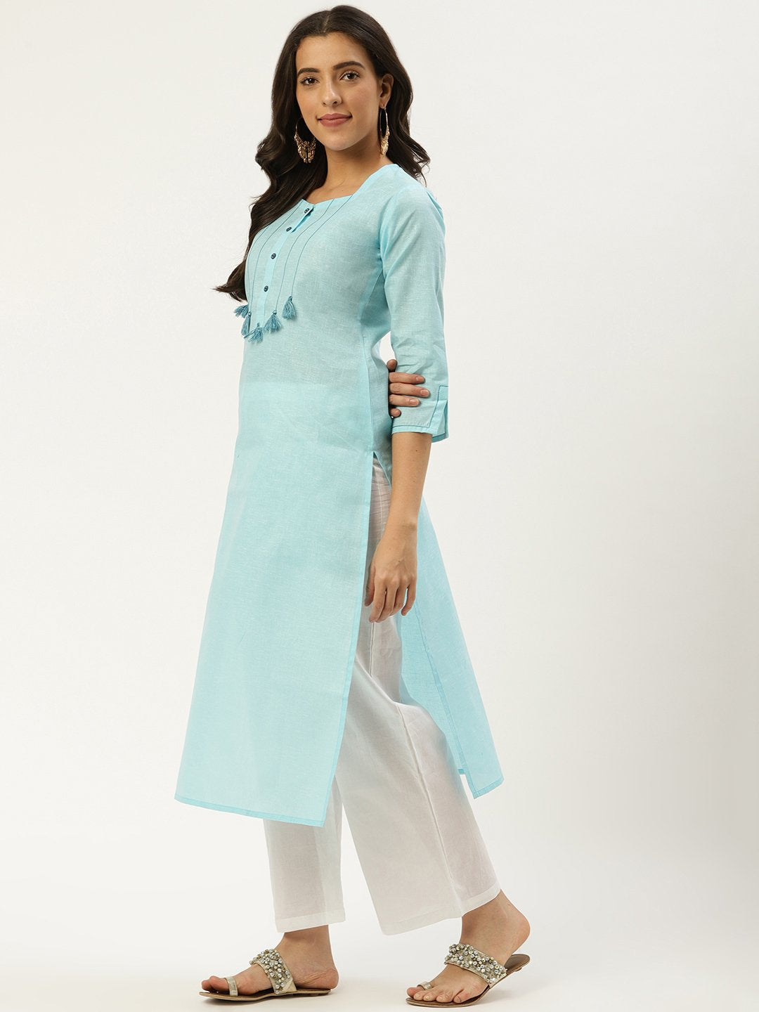 Women's Light Blue Calf Length Three-Quarter Sleeves Straight Solid Cotton Kurta