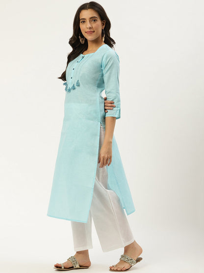 Women's Light Blue Calf Length Three-Quarter Sleeves Straight Solid Cotton Kurta