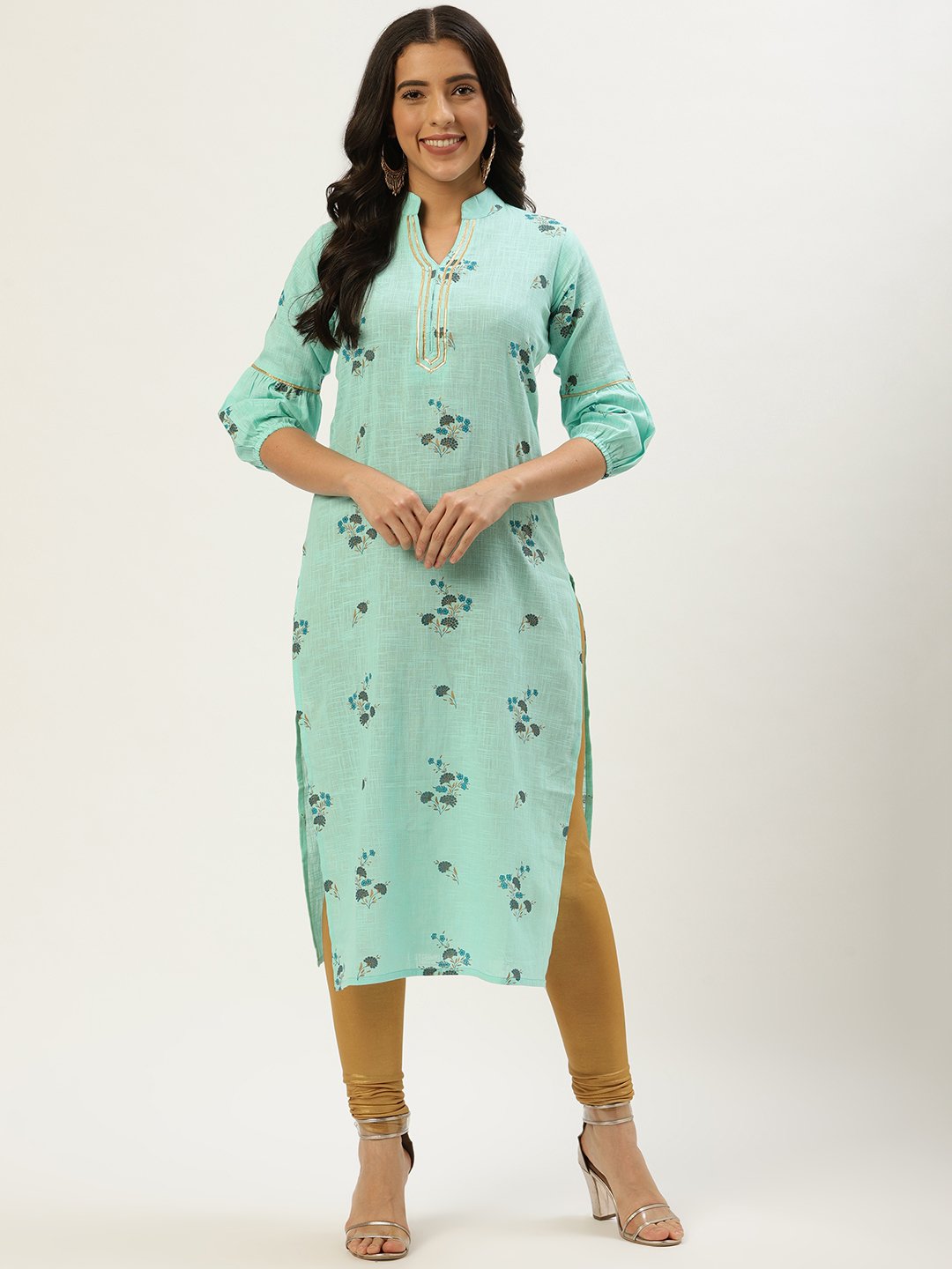 Women's Pastel Green Calf Length Three-Quarter Sleeves Straight Floral Cotton Kurta