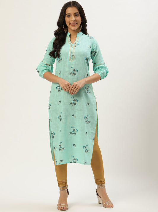 Women's Pastel Green Calf Length Three-Quarter Sleeves Straight Floral Cotton Kurta