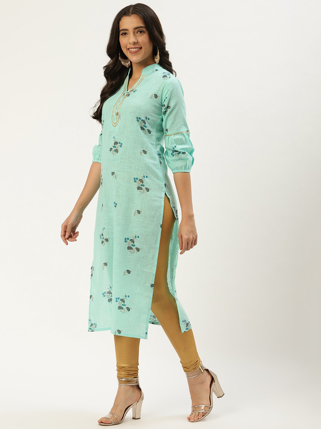 Women's Pastel Green Calf Length Three-Quarter Sleeves Straight Floral Cotton Kurta
