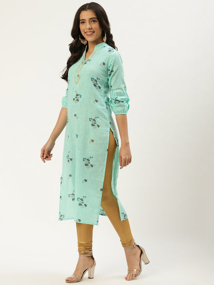 Women's Pastel Green Calf Length Three-Quarter Sleeves Straight Floral Cotton Kurta