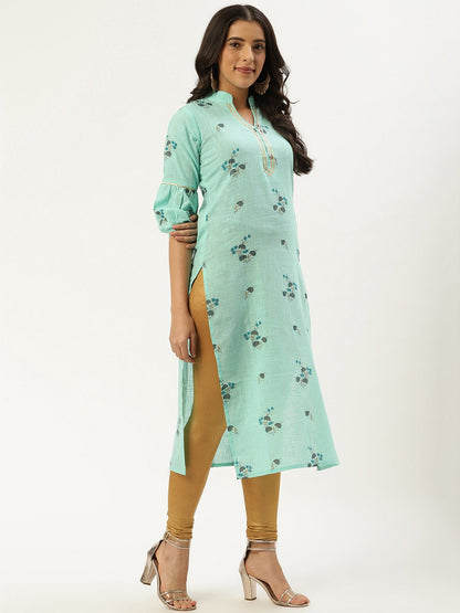 Women's Pastel Green Calf Length Three-Quarter Sleeves Straight Floral Cotton Kurta