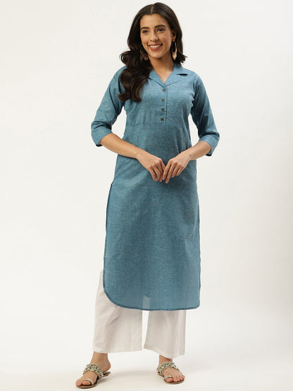 Women's Teal Blue Calf Length Three-Quarter Sleeves Straight Lapel Neck Solid Cotton Kurta