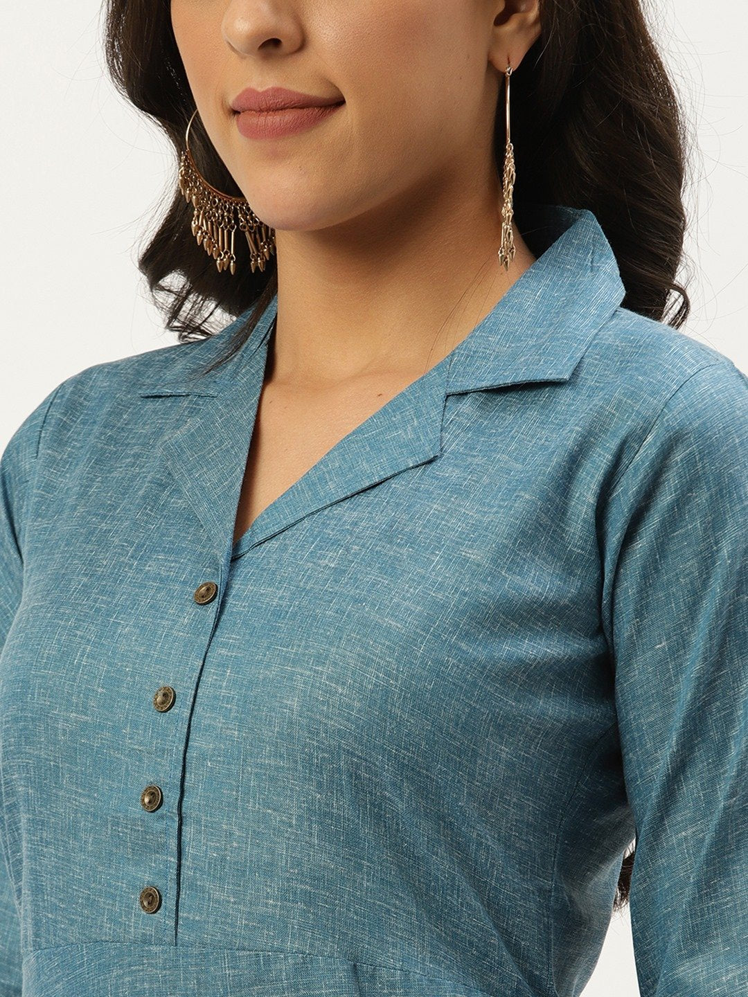 Women's Teal Blue Calf Length Three-Quarter Sleeves Straight Lapel Neck Solid Cotton Kurta