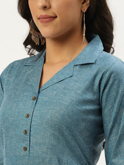 Women's Teal Blue Calf Length Three-Quarter Sleeves Straight Lapel Neck Solid Cotton Kurta