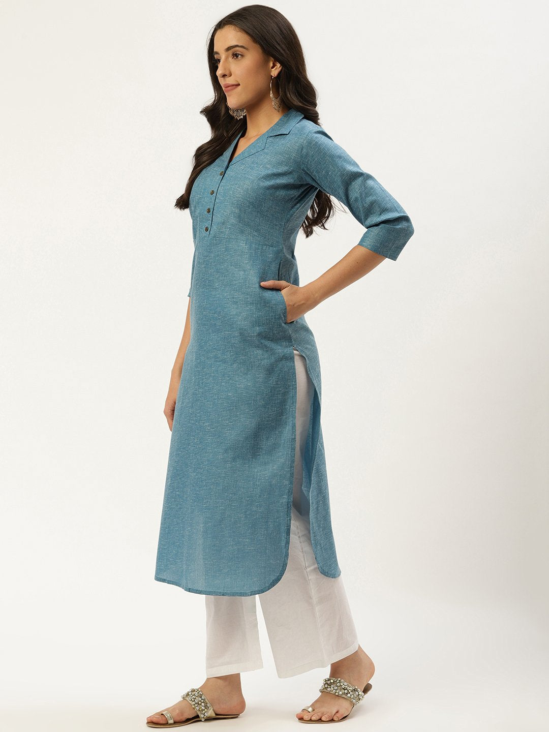 Women's Teal Blue Calf Length Three-Quarter Sleeves Straight Lapel Neck Solid Cotton Kurta