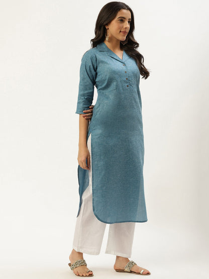 Women's Teal Blue Calf Length Three-Quarter Sleeves Straight Lapel Neck Solid Cotton Kurta