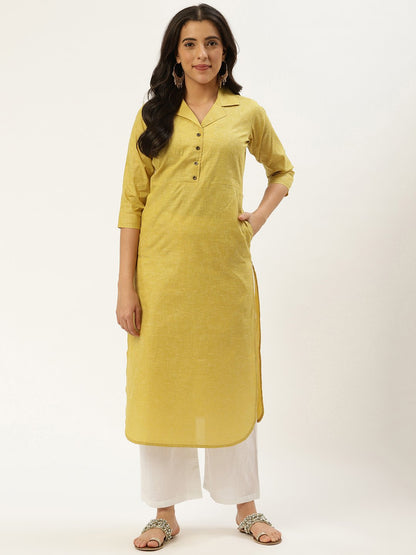 Women's Green Calf Length Three-Quarter Sleeves Straight Lapel Neck Solid Cotton Kurta