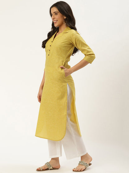Women's Green Calf Length Three-Quarter Sleeves Straight Lapel Neck Solid Cotton Kurta