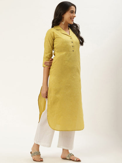 Women's Green Calf Length Three-Quarter Sleeves Straight Lapel Neck Solid Cotton Kurta