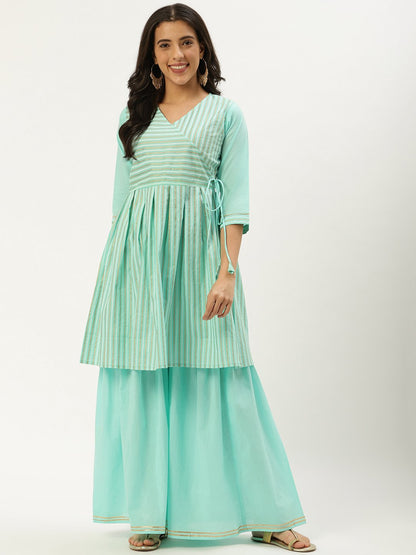 Women's Pastel Blue Three-Quarter Sleeves Flared Peplum Kurta And Sharara Set