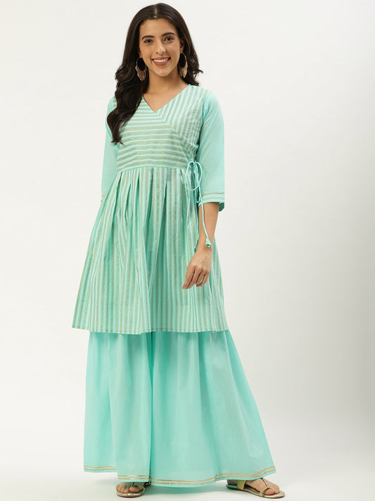 Women's Pastel Blue Three-Quarter Sleeves Flared Peplum Kurta And Sharara Set