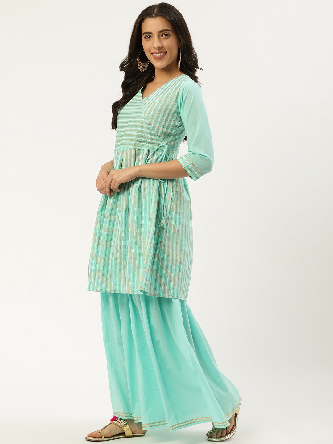 Women's Pastel Blue Three-Quarter Sleeves Flared Peplum Kurta And Sharara Set