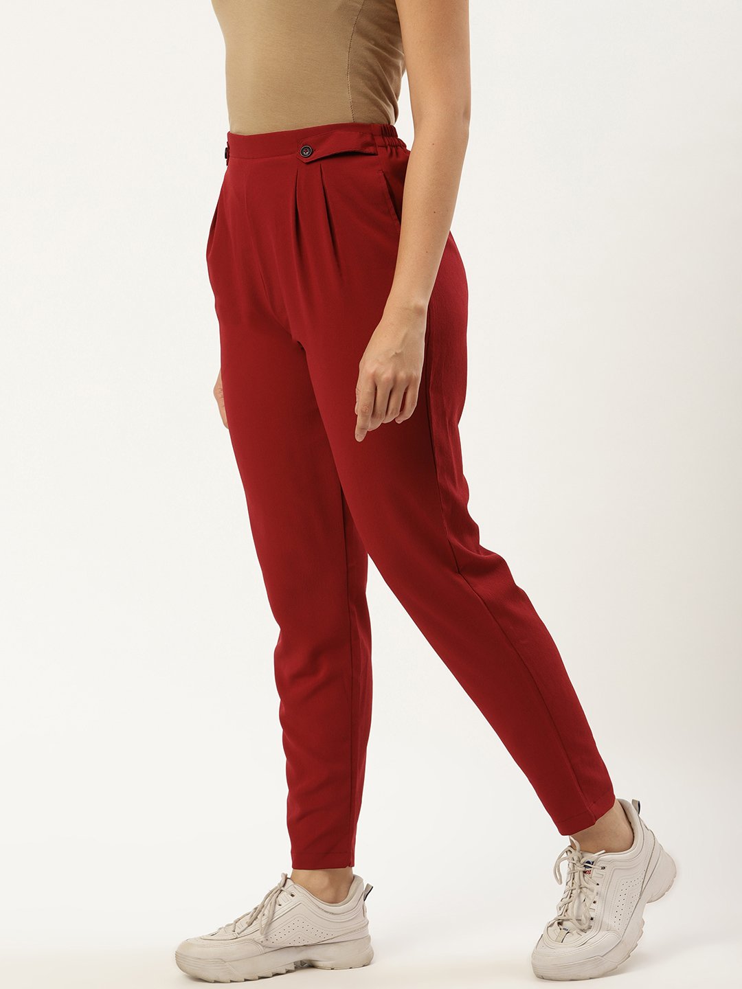 Women's Maroon Regular Texture Crepe Straigth Trouser Pant