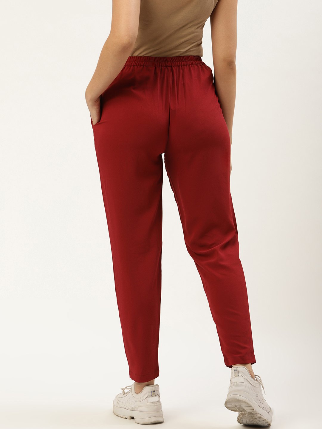 Women's Maroon Regular Texture Crepe Straigth Trouser Pant