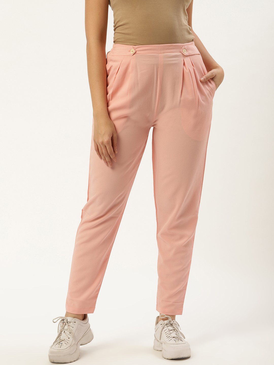 Women's Pastel Pink Regular Texture Crepe Straigth Trouser Pant