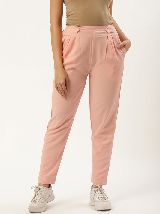 Women's Pastel Pink Regular Texture Crepe Straigth Trouser Pant