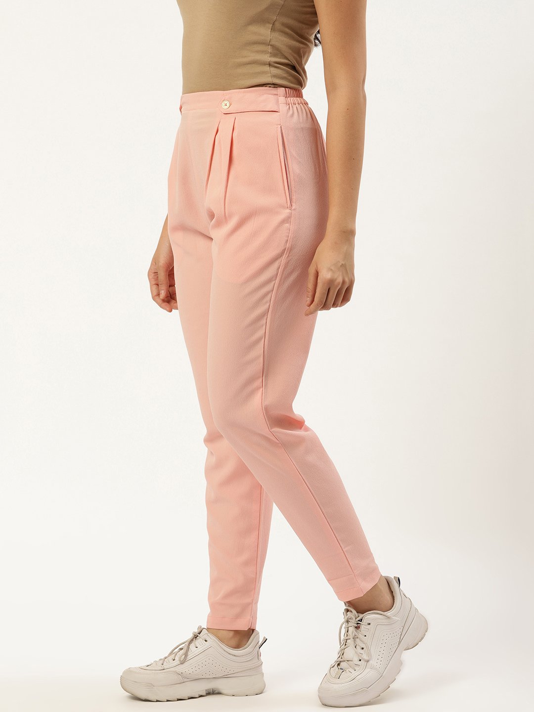 Women's Pastel Pink Regular Texture Crepe Straigth Trouser Pant