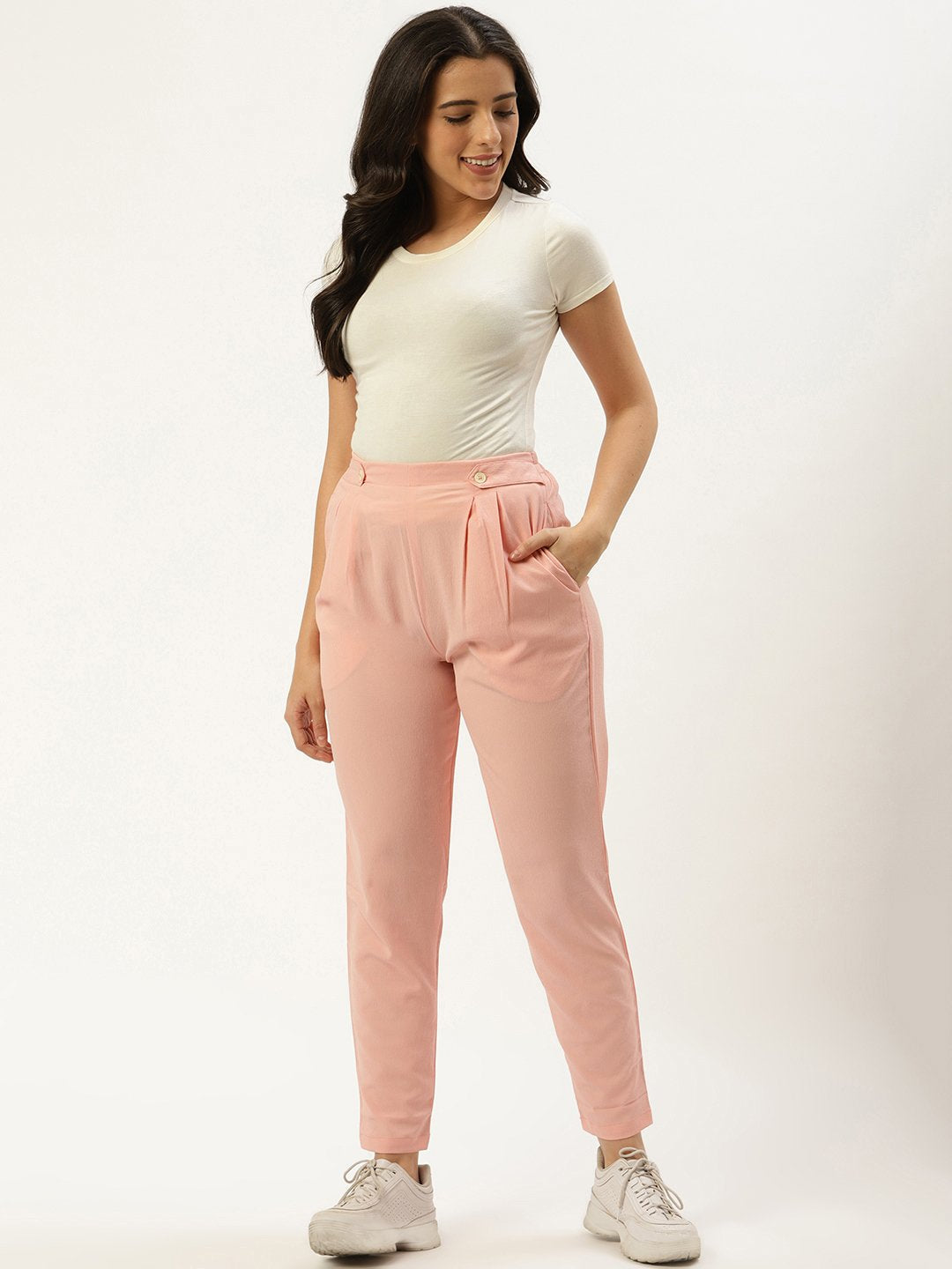 Women's Pastel Pink Regular Texture Crepe Straigth Trouser Pant