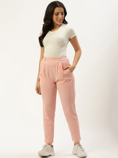 Women's Pastel Pink Regular Texture Crepe Straigth Trouser Pant
