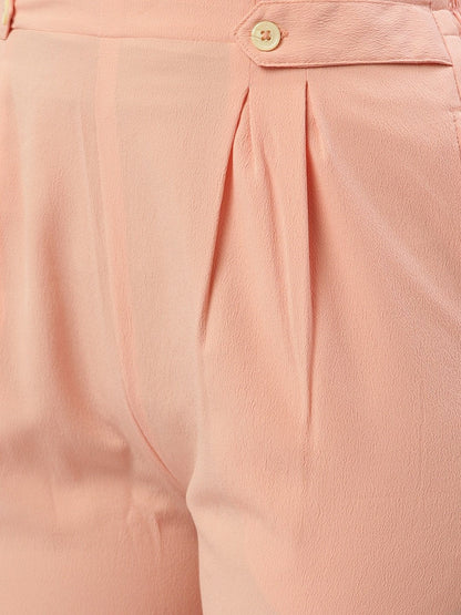 Women's Pastel Pink Regular Texture Crepe Straigth Trouser Pant