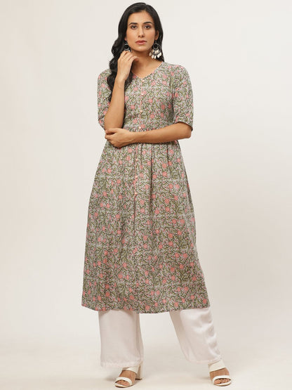 Women's Multi Calf Length Three-Quarter Sleeves A-Line Floral Printed Cotton Kurta