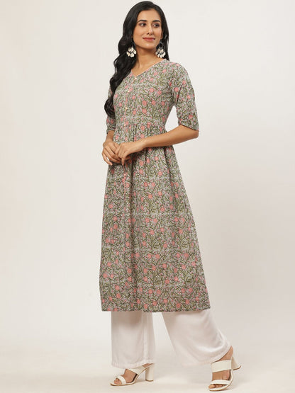 Women's Multi Calf Length Three-Quarter Sleeves A-Line Floral Printed Cotton Kurta