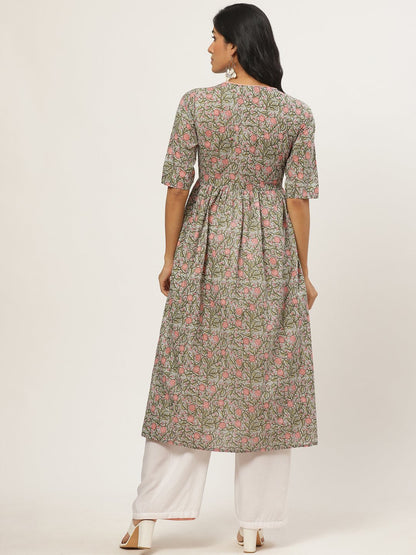 Women's Multi Calf Length Three-Quarter Sleeves A-Line Floral Printed Cotton Kurta