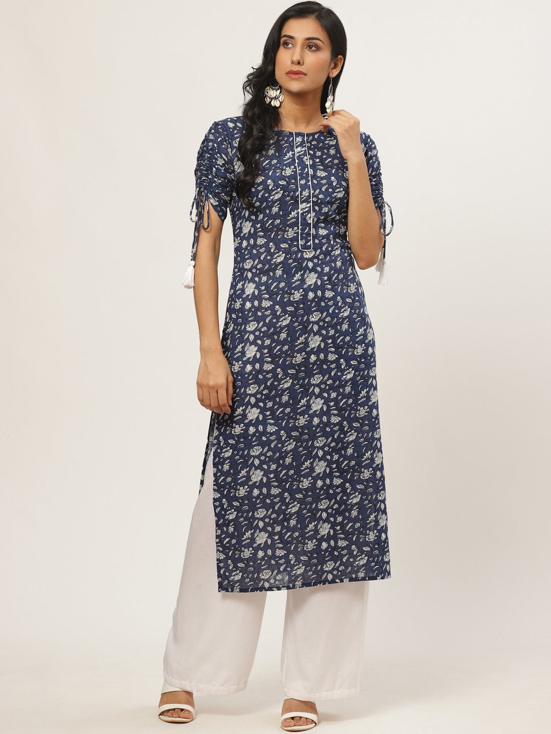 Women's Navy Blue Calf Length Three-Quarter Sleeves Straight Floral Printed Cotton Kurta