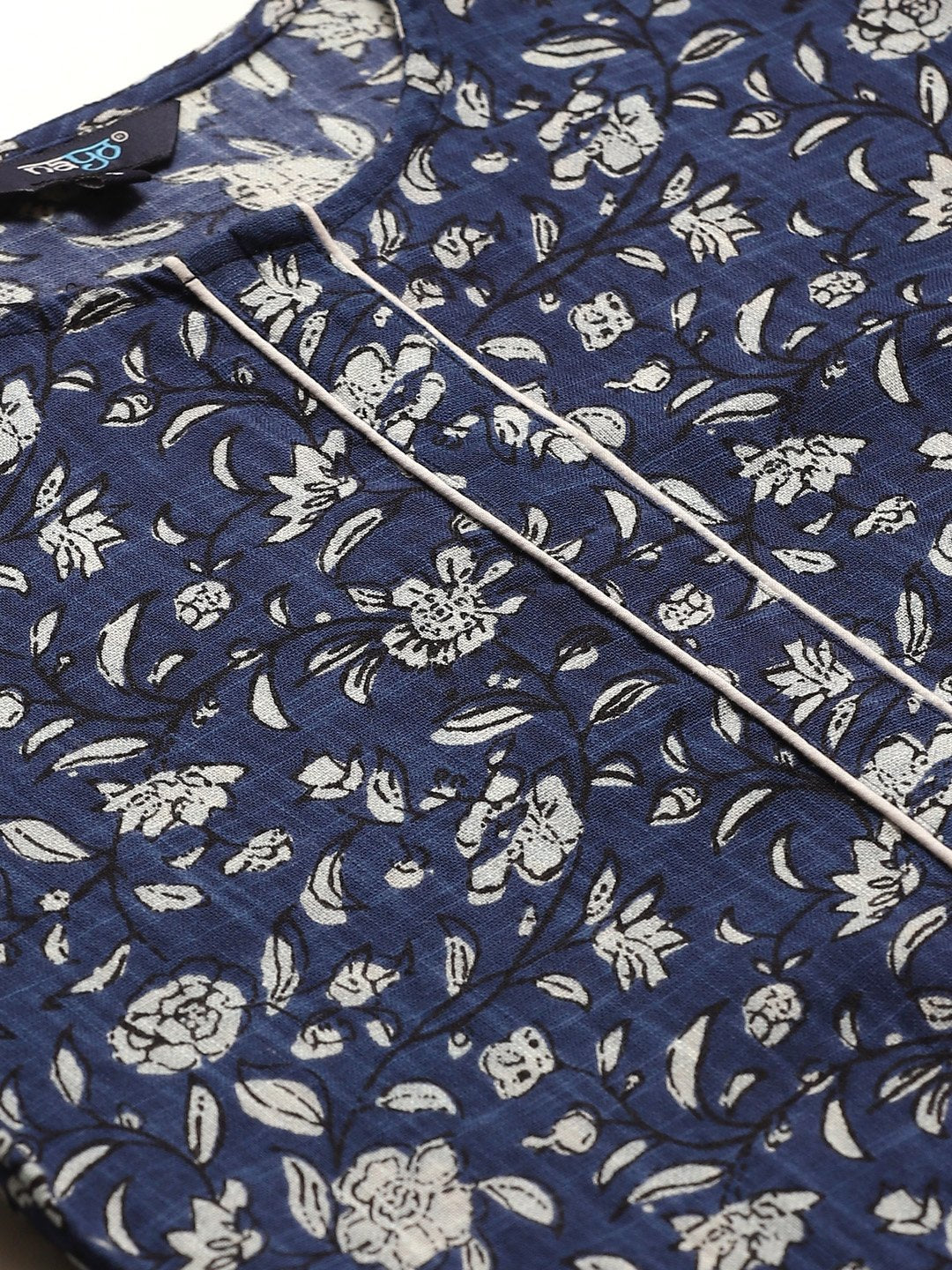 Women's Navy Blue Calf Length Three-Quarter Sleeves Straight Floral Printed Cotton Kurta