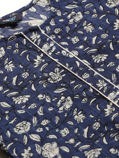 Women's Navy Blue Calf Length Three-Quarter Sleeves Straight Floral Printed Cotton Kurta