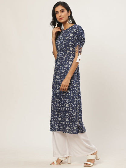Women's Navy Blue Calf Length Three-Quarter Sleeves Straight Floral Printed Cotton Kurta