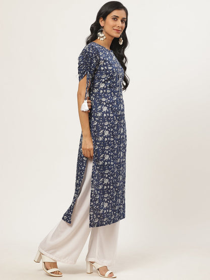 Women's Navy Blue Calf Length Three-Quarter Sleeves Straight Floral Printed Cotton Kurta