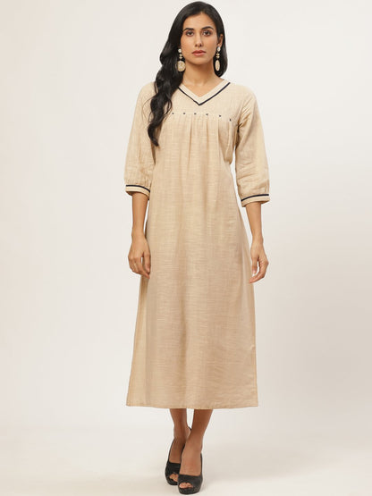 Women's Beige Solid Solid V-Neck Cotton A-Line Dress