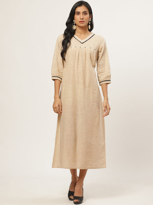 Women's Beige Solid Solid V-Neck Cotton A-Line Dress