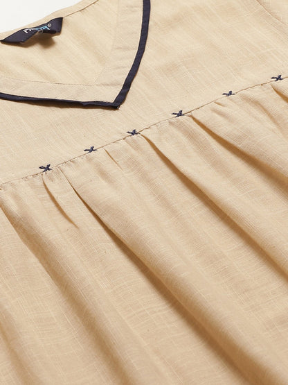 Women's Beige Solid Solid V-Neck Cotton A-Line Dress
