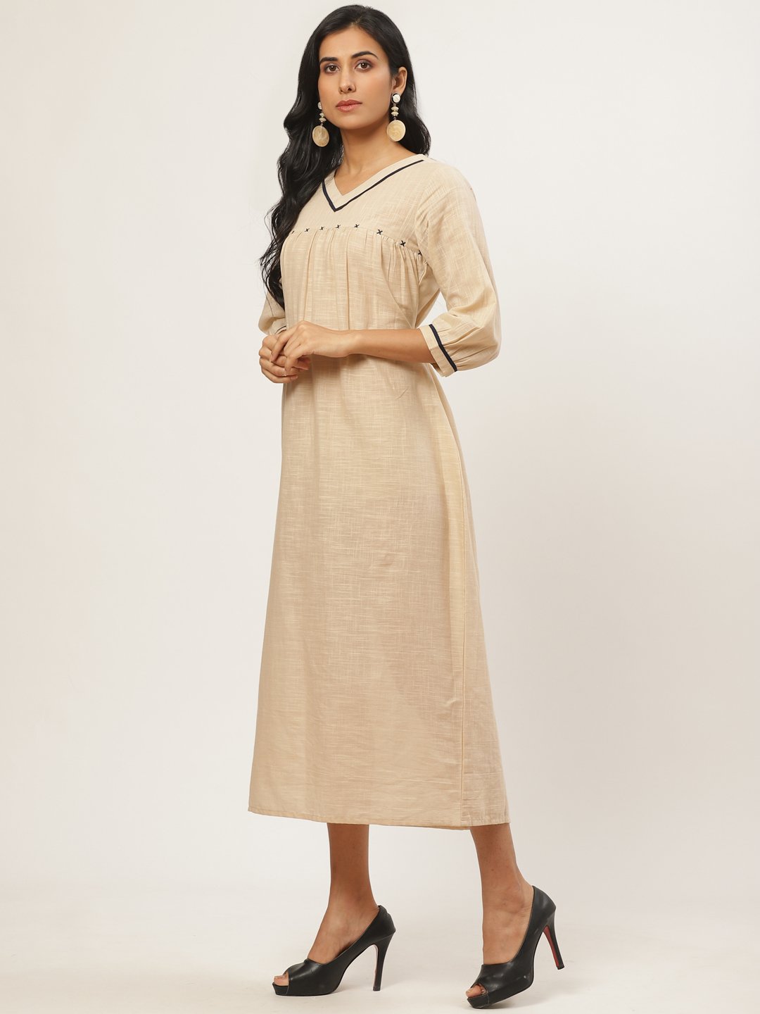 Women's Beige Solid Solid V-Neck Cotton A-Line Dress