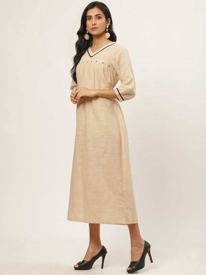 Women's Beige Solid Solid V-Neck Cotton A-Line Dress