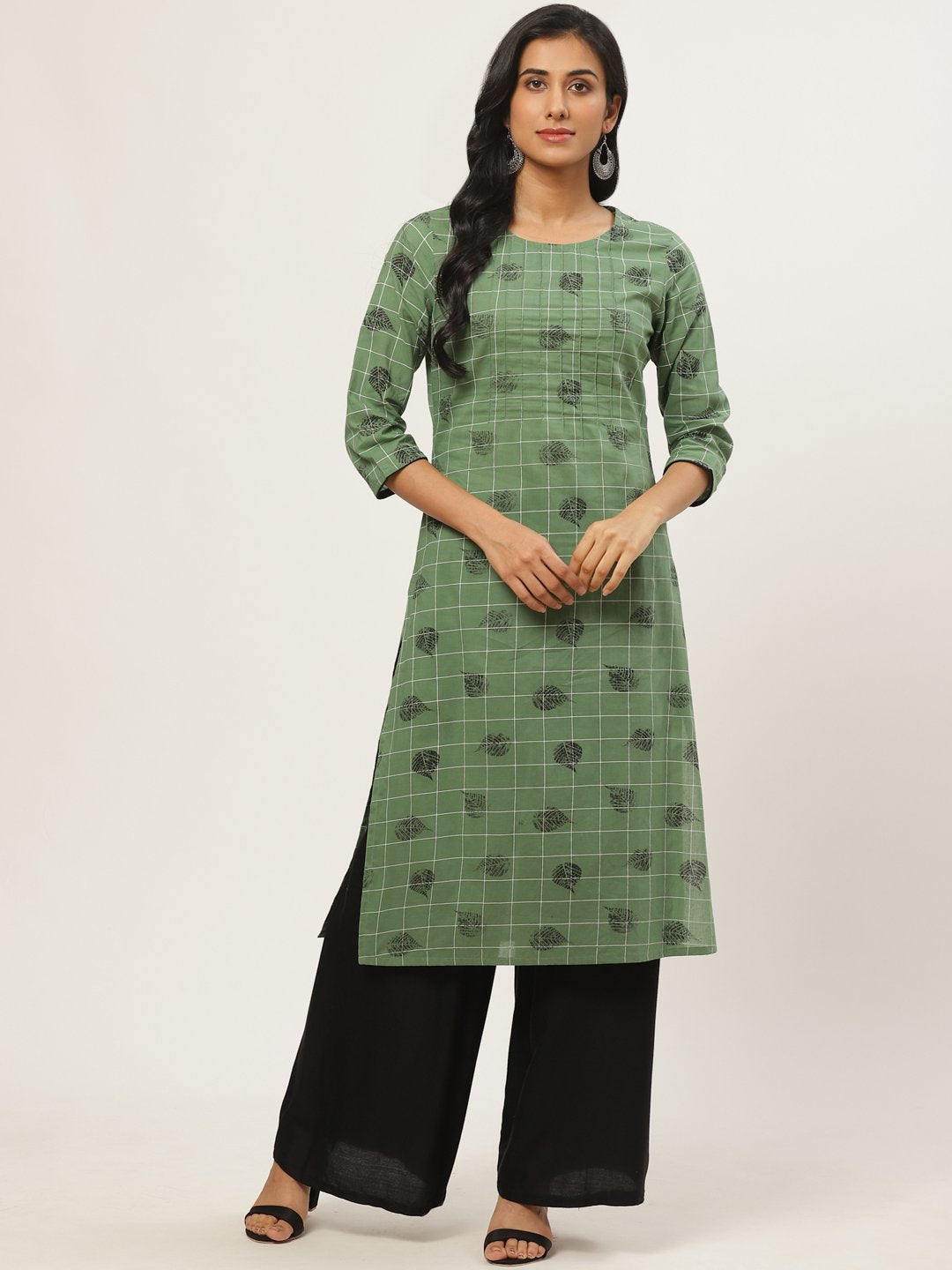 Women's Green Calf Length Three-Quarter Sleeves Straight Ethnic Motifs Yoke Design Cotton Kurta