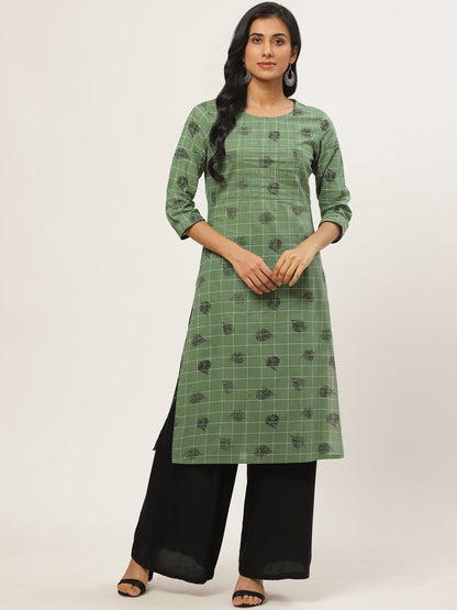 Women's Green Calf Length Three-Quarter Sleeves Straight Ethnic Motifs Yoke Design Cotton Kurta