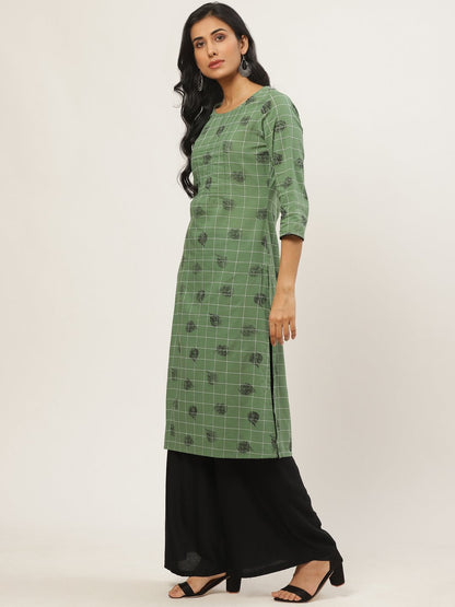Women's Green Calf Length Three-Quarter Sleeves Straight Ethnic Motifs Yoke Design Cotton Kurta
