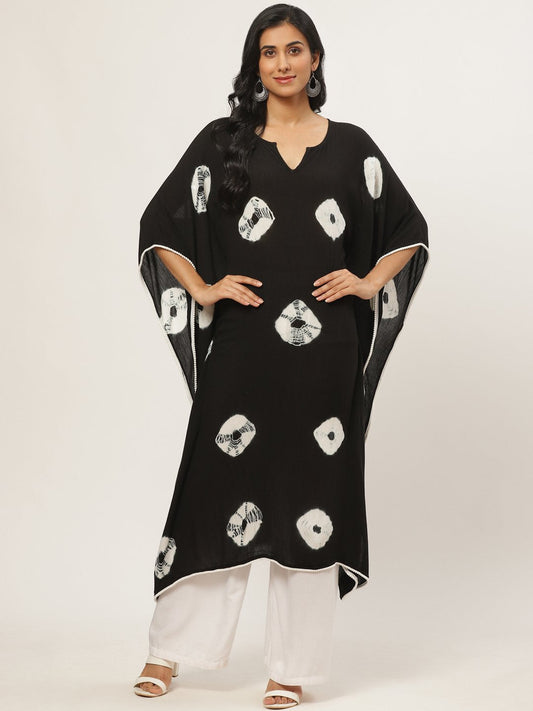 Women's Black Calf Length Short Sleeves Kaftan Bandhani Printed Cotton Kurta