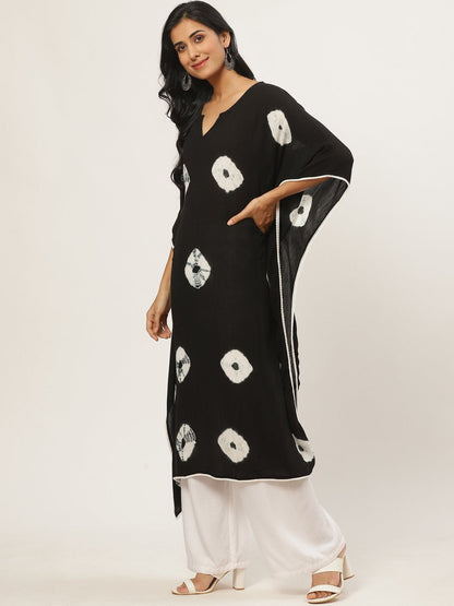 Women's Black Calf Length Short Sleeves Kaftan Bandhani Printed Cotton Kurta